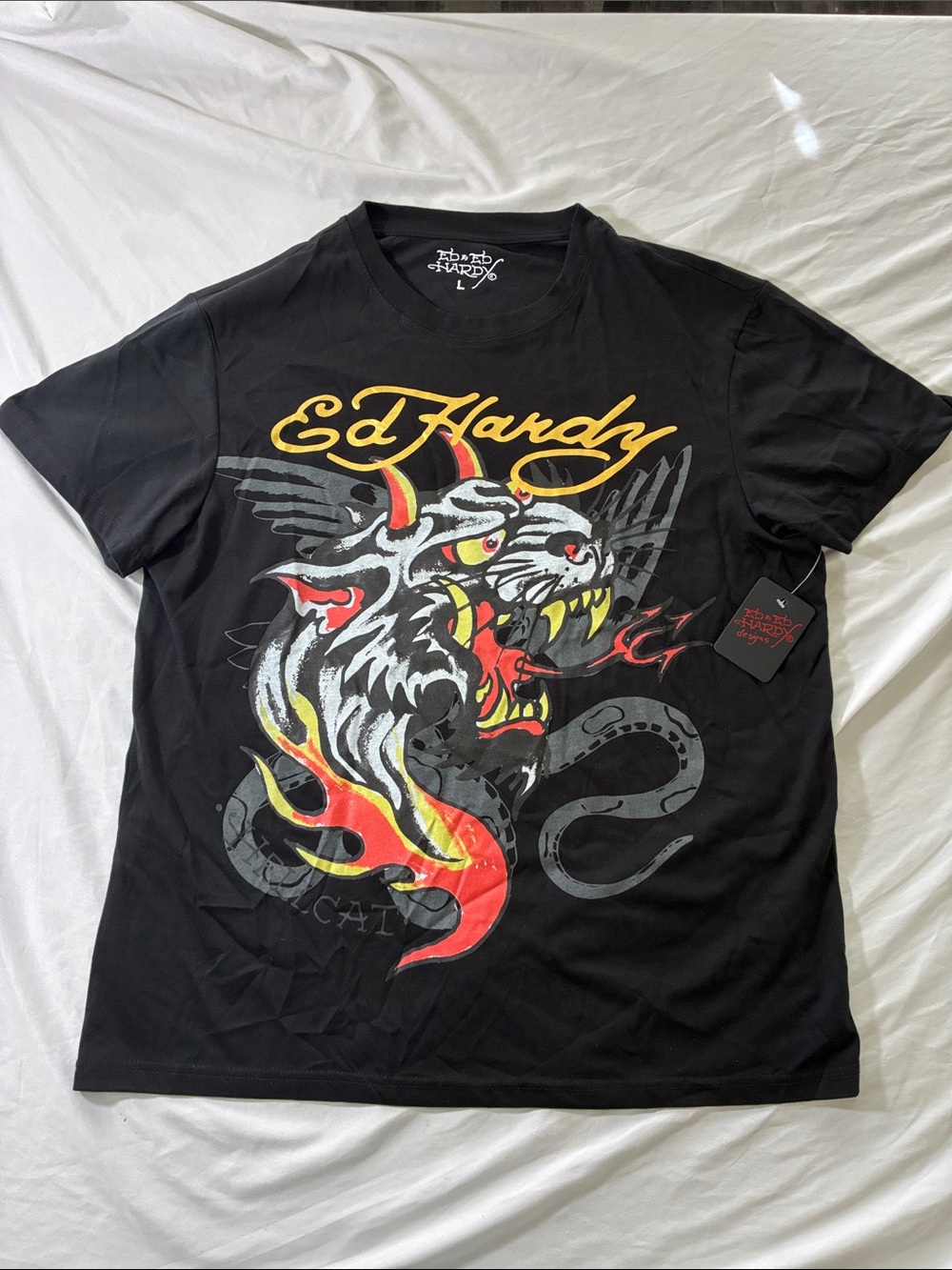 Ed Hardy Black Tee with Yellow and Red Flame Tiger Graphic large NWT